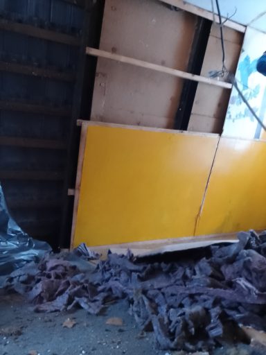 Verwüsteter Raum mit umgeklapptem Holzbrett und gelber Wandfläche.