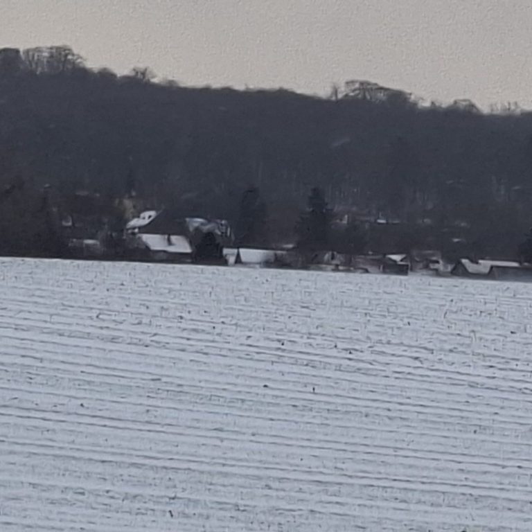 Schneebedeckte Landschaft mit einem Hügel und einigen Häusern im Hintergrund.
