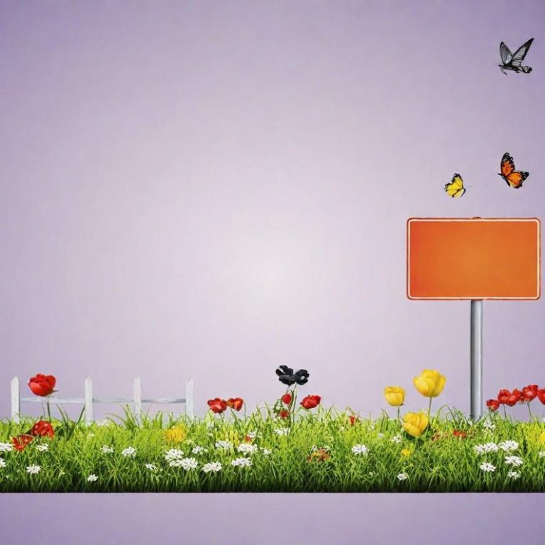 Bunte Blumen, Schmetterlinge und ein orangefarbener Schild auf lila Hintergrund.