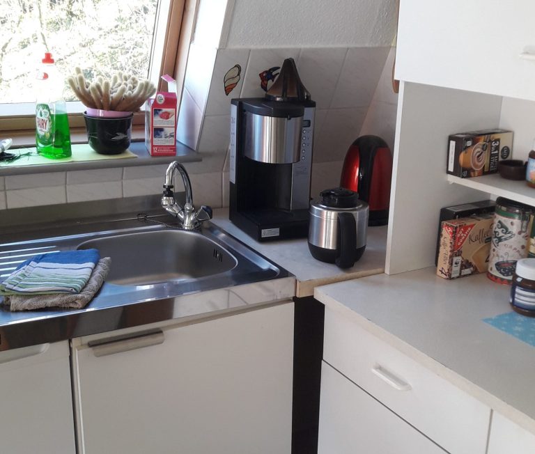 Kueche Küchenansicht mit Spüle, Kaffeeautomat, Wasserkocher und Regalen.