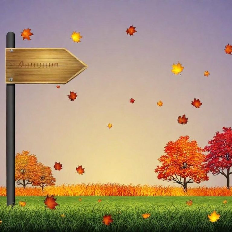 Buntes Herbstfeld mit fallenden Blättern und einem Wegweiser im Vordergrund.