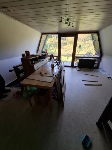 Blick in einen unaufgeräumten Raum mit Tisch, Stühlen und großen Fenstern zur Natur.