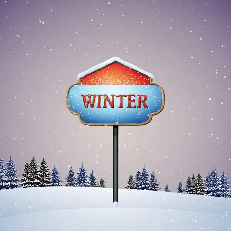Schild mit dem Wort "WINTER" vor einer verschneiten Landschaft und einem lila Himmel.
