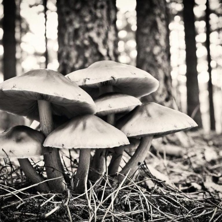 Eine Gruppe von Pilzen wächst auf dem Waldboden, umgeben von Bäumen. Schwarz-Weiß-Fotografie.