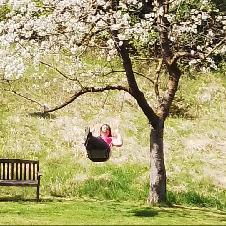 Mädchen auf einer Schaukel unter einem blühenden Baum im Park.